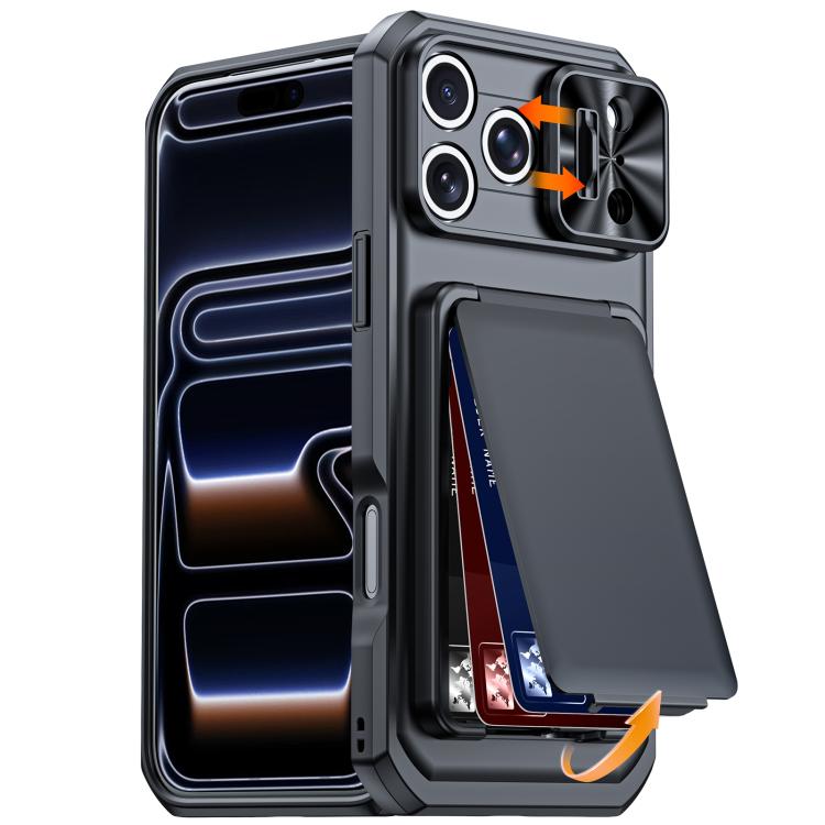 Custodia per telefono ibrida in PC e TPU con porta carte a ribalta e cover scorrevole per fotocamera., For iPhone 17 Pro Max, For iPhone 16 Pro Max, For iPhone 15 Pro Max