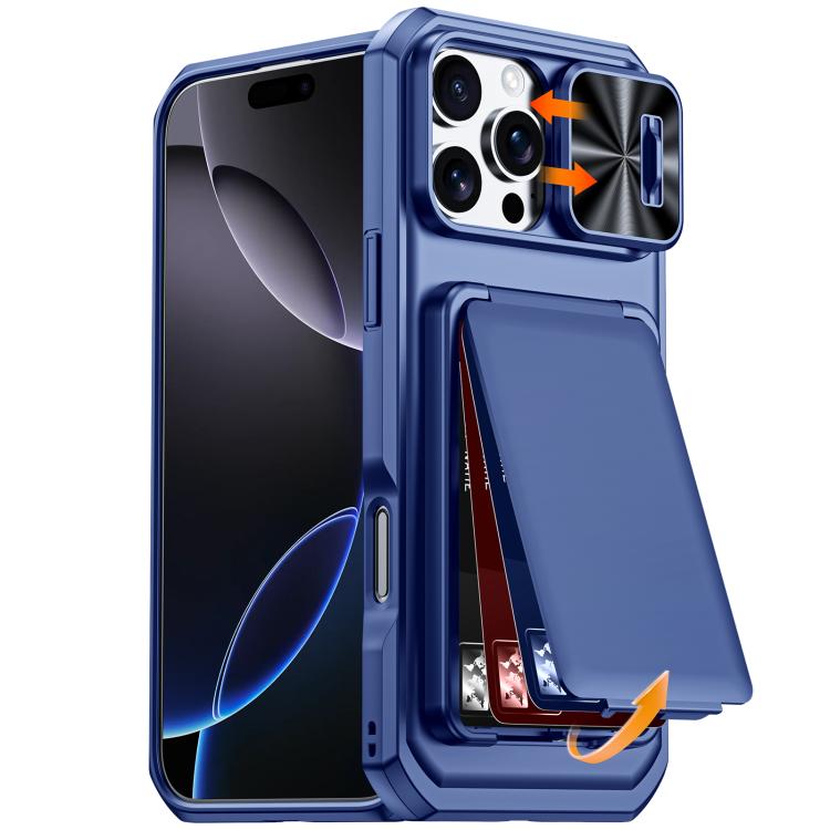 Custodia per telefono ibrida in PC e TPU con porta carte a ribalta e cover scorrevole per fotocamera., For iPhone 17 Pro Max, For iPhone 16 Pro Max, For iPhone 15 Pro Max