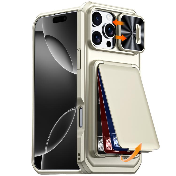 Custodia per telefono ibrida in PC e TPU con porta carte a ribalta e cover scorrevole per fotocamera., For iPhone 17 Pro Max, For iPhone 16 Pro Max, For iPhone 15 Pro Max