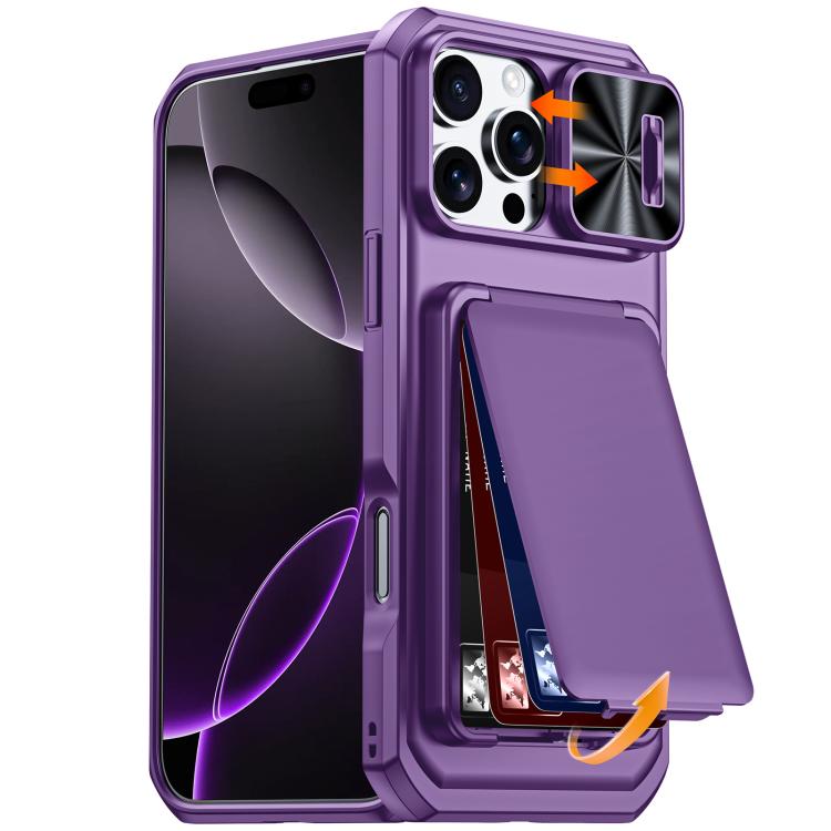 Custodia per telefono ibrida in PC e TPU con porta carte a ribalta e cover scorrevole per fotocamera., For iPhone 17 Pro Max, For iPhone 16 Pro Max, For iPhone 15 Pro Max