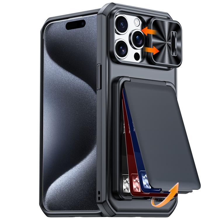 Custodia per telefono ibrida in PC e TPU con porta carte a ribalta e cover scorrevole per fotocamera., For iPhone 17 Pro Max, For iPhone 16 Pro Max, For iPhone 15 Pro Max