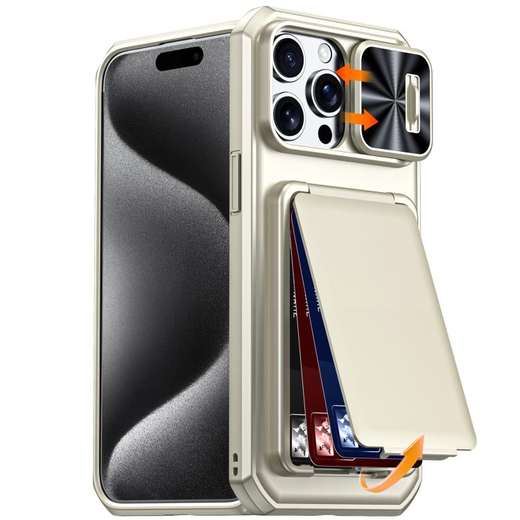 Custodia per telefono ibrida in PC e TPU con porta carte a ribalta e cover scorrevole per fotocamera., For iPhone 17 Pro Max, For iPhone 16 Pro Max, For iPhone 15 Pro Max