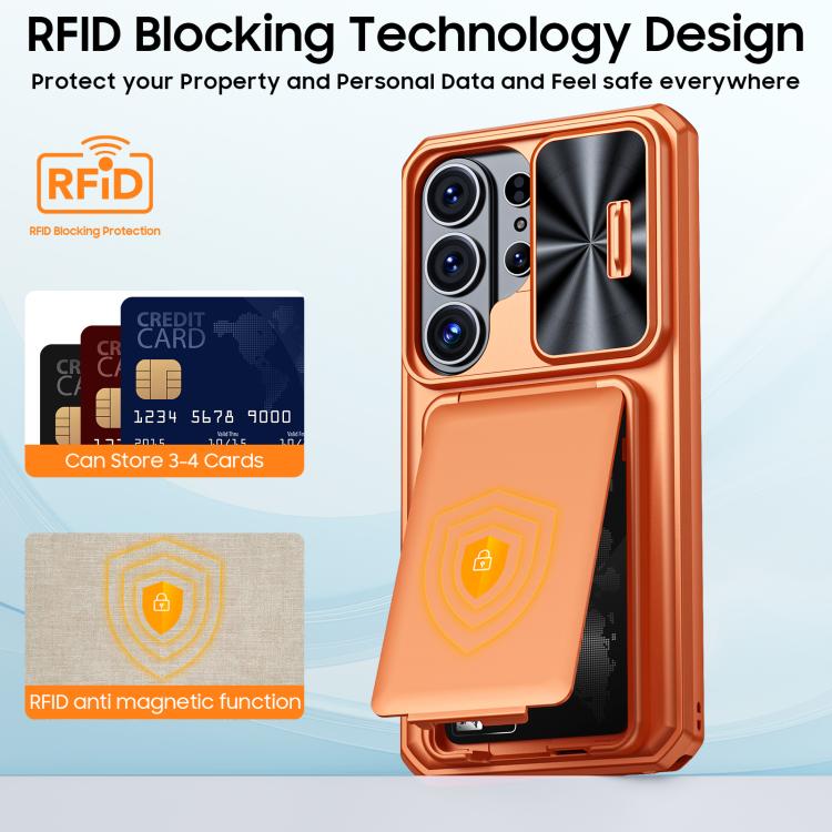 Custodia per telefono ibrida in PC e TPU con porta carte a ribalta e cover scorrevole per fotocamera., For Galaxy S26 Ultra 5G, For Galaxy S25 Ultra 5G, For Galaxy S24 Ultra 5G