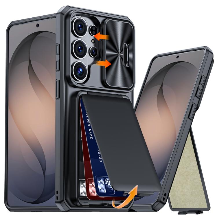 Custodia per telefono ibrida in PC e TPU con porta carte a ribalta e cover scorrevole per fotocamera., For Galaxy S26 Ultra 5G, For Galaxy S25 Ultra 5G, For Galaxy S24 Ultra 5G