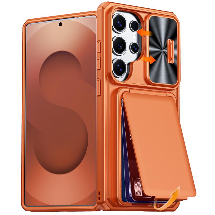 Custodia per telefono ibrida in PC e TPU con porta carte a ribalta e cover scorrevole per fotocamera., For Galaxy S26 Ultra 5G, For Galaxy S25 Ultra 5G, For Galaxy S24 Ultra 5G