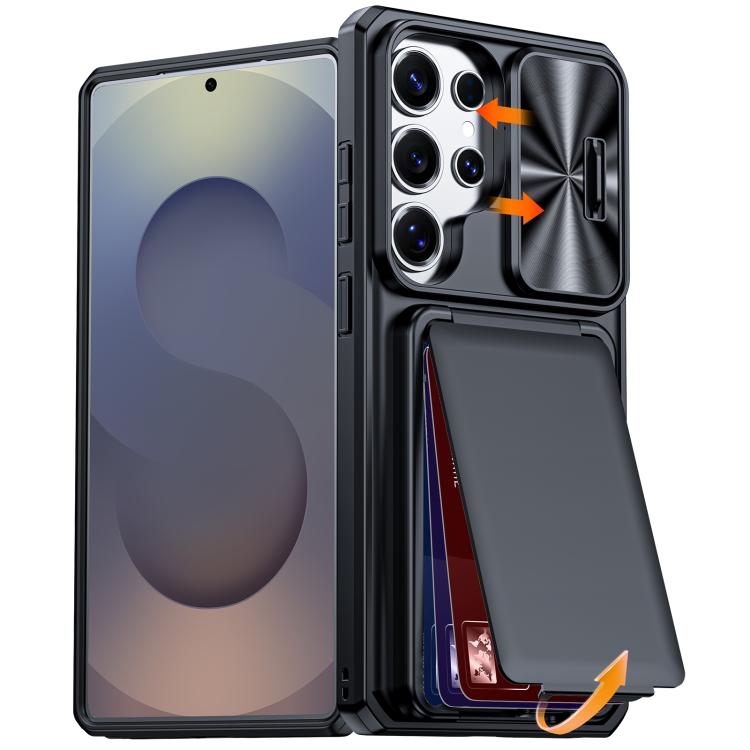 Custodia per telefono ibrida in PC e TPU con porta carte a ribalta e cover scorrevole per fotocamera., For Galaxy S26 Ultra 5G, For Galaxy S25 Ultra 5G, For Galaxy S24 Ultra 5G