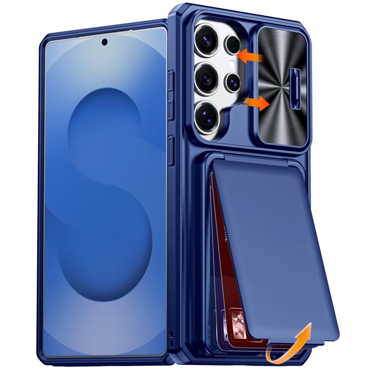 Custodia per telefono ibrida in PC e TPU con porta carte a ribalta e cover scorrevole per fotocamera., For Galaxy S26 Ultra 5G, For Galaxy S25 Ultra 5G, For Galaxy S24 Ultra 5G