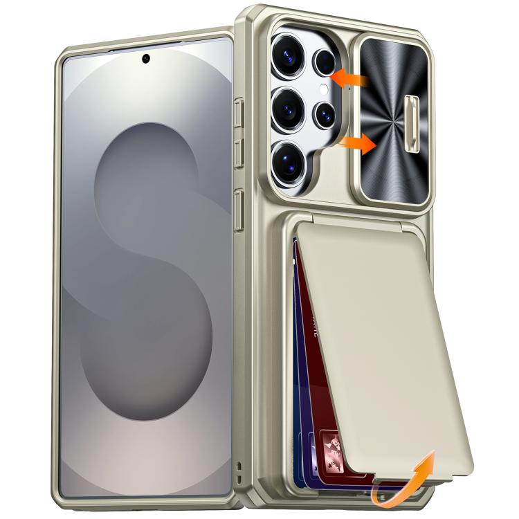 Custodia per telefono ibrida in PC e TPU con porta carte a ribalta e cover scorrevole per fotocamera., For Galaxy S26 Ultra 5G, For Galaxy S25 Ultra 5G, For Galaxy S24 Ultra 5G