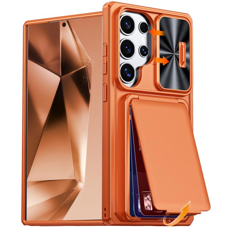 Custodia per telefono ibrida in PC e TPU con porta carte a ribalta e cover scorrevole per fotocamera., For Galaxy S26 Ultra 5G, For Galaxy S25 Ultra 5G, For Galaxy S24 Ultra 5G
