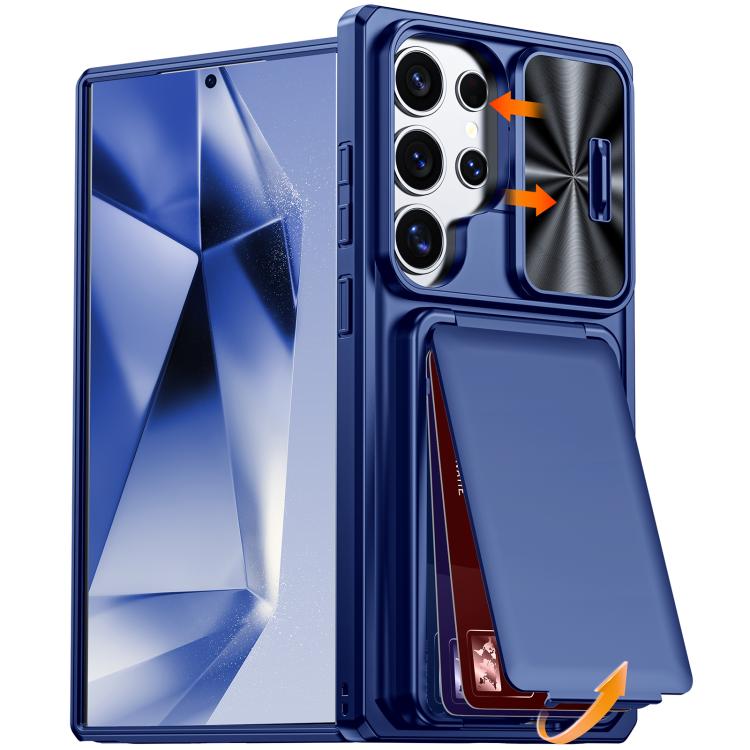 Custodia per telefono ibrida in PC e TPU con porta carte a ribalta e cover scorrevole per fotocamera., For Galaxy S26 Ultra 5G, For Galaxy S25 Ultra 5G, For Galaxy S24 Ultra 5G