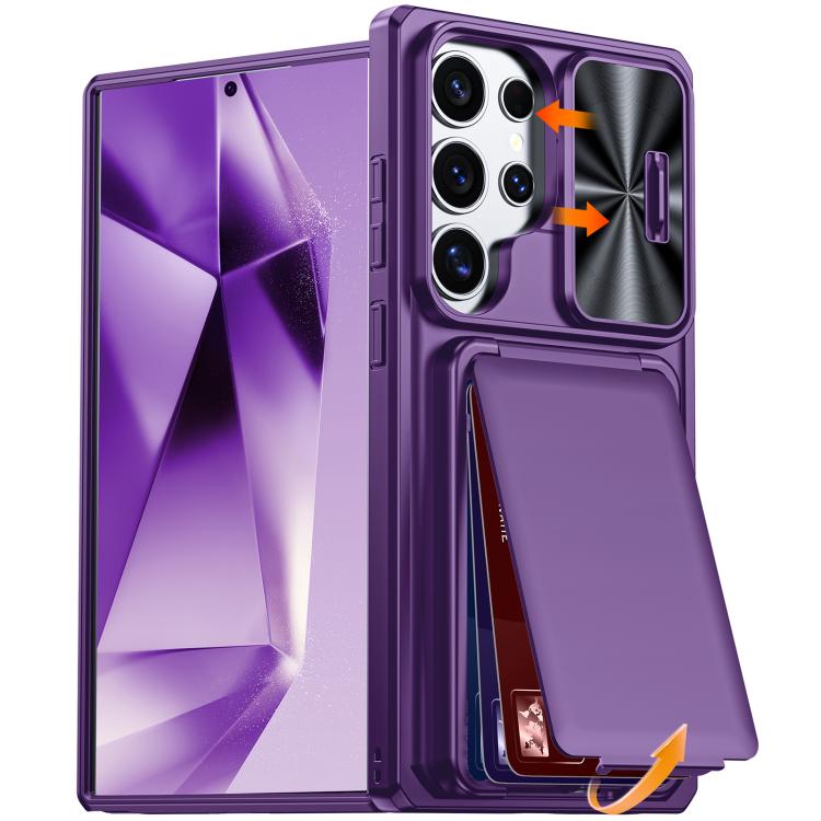 Custodia per telefono ibrida in PC e TPU con porta carte a ribalta e cover scorrevole per fotocamera., For Galaxy S26 Ultra 5G, For Galaxy S25 Ultra 5G, For Galaxy S24 Ultra 5G