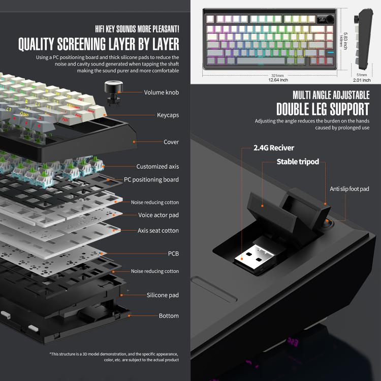 SHIPADOO JK750 Blue Switch RGB 79 Keys Three Modes Mechanical Keyboard