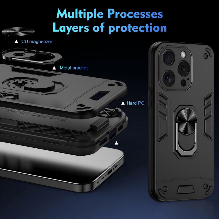 Custodia per telefono antiurto WANLONFENG con supporto integrato e 2 pellicole protettive per lo schermo., For iPhone 15 Pro, For iPhone 15