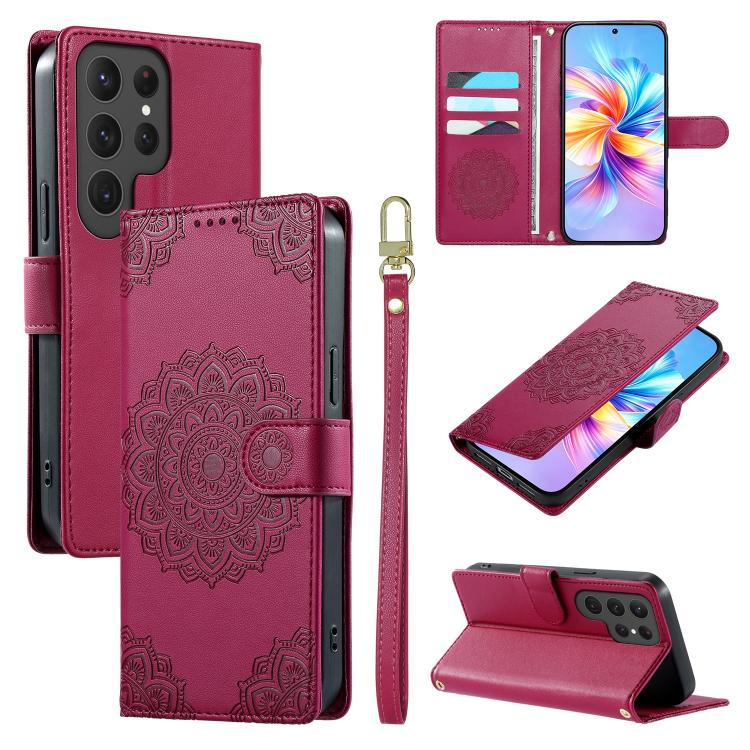 Custodia per telefono in ecopelle con cinturino e chiusura magnetica a totem in rilievo., For Galaxy S23 FE 5G, For Galaxy S23 Ultra 5G, For Galaxy S23+ 5G