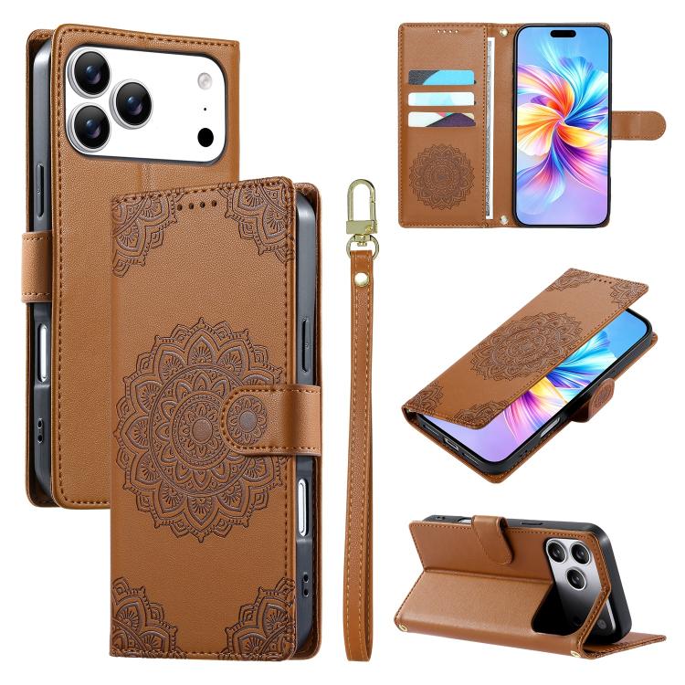 Custodia per telefono in ecopelle con cinturino e chiusura magnetica a totem in rilievo., For iPhone 17e / 16e, For iPhone 17 Pro Max, For iPhone 17 Pro