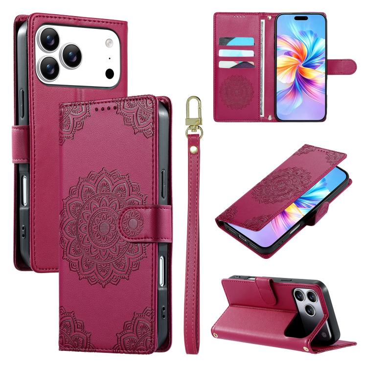Custodia per telefono in ecopelle con cinturino e chiusura magnetica a totem in rilievo., For iPhone 17e / 16e, For iPhone 17 Pro Max, For iPhone 17 Pro