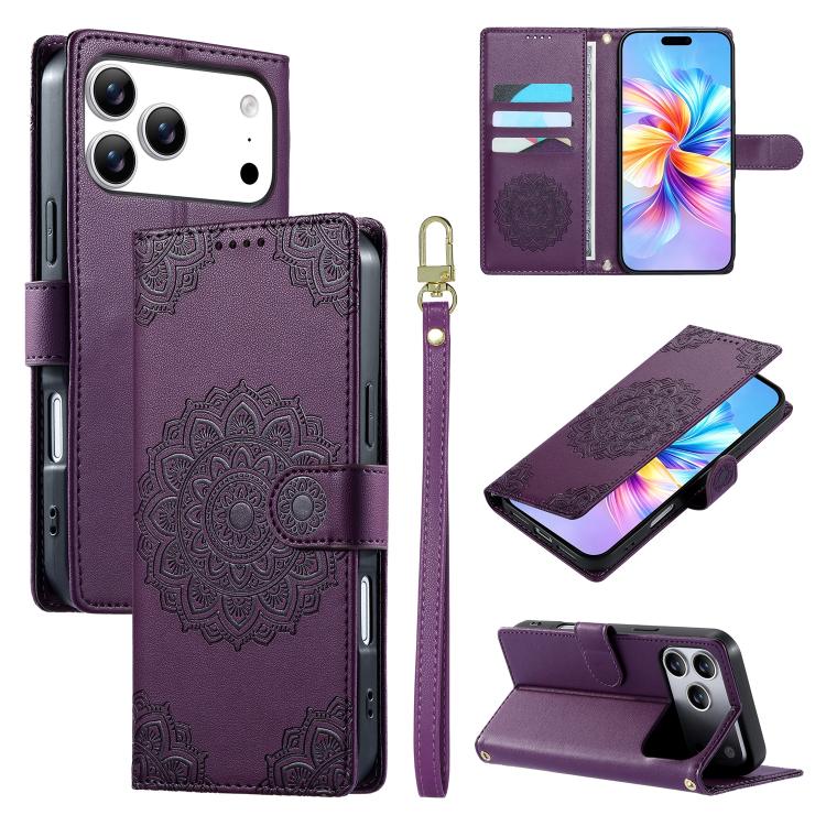 Custodia per telefono in ecopelle con cinturino e chiusura magnetica a totem in rilievo., For iPhone 17e / 16e, For iPhone 17 Pro Max, For iPhone 17 Pro