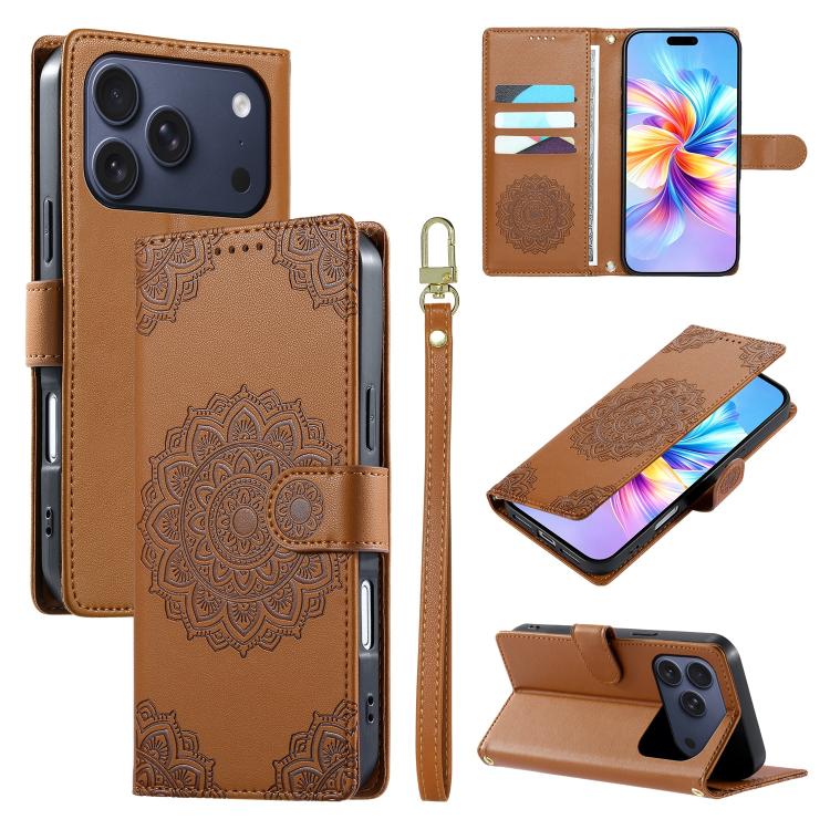 Custodia per telefono in ecopelle con cinturino e chiusura magnetica a totem in rilievo., For iPhone 17e / 16e, For iPhone 17 Pro Max, For iPhone 17 Pro