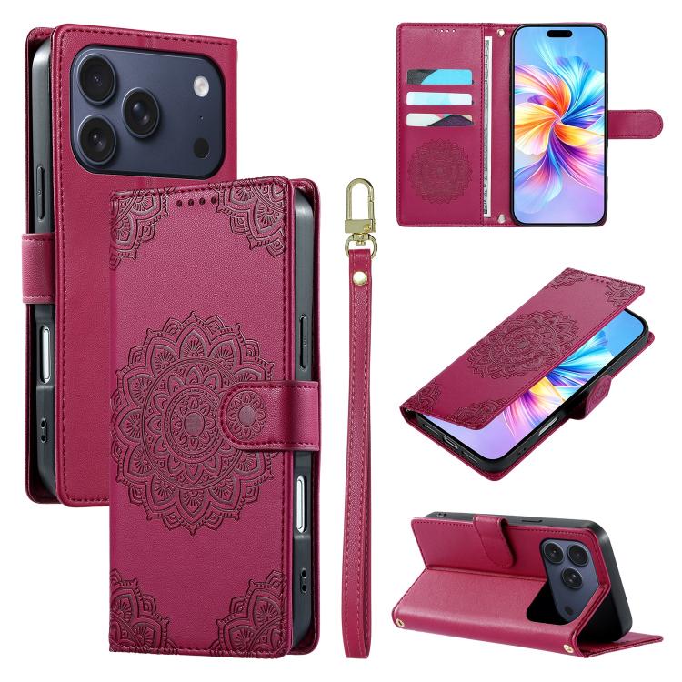 Custodia per telefono in ecopelle con cinturino e chiusura magnetica a totem in rilievo., For iPhone 17e / 16e, For iPhone 17 Pro Max, For iPhone 17 Pro