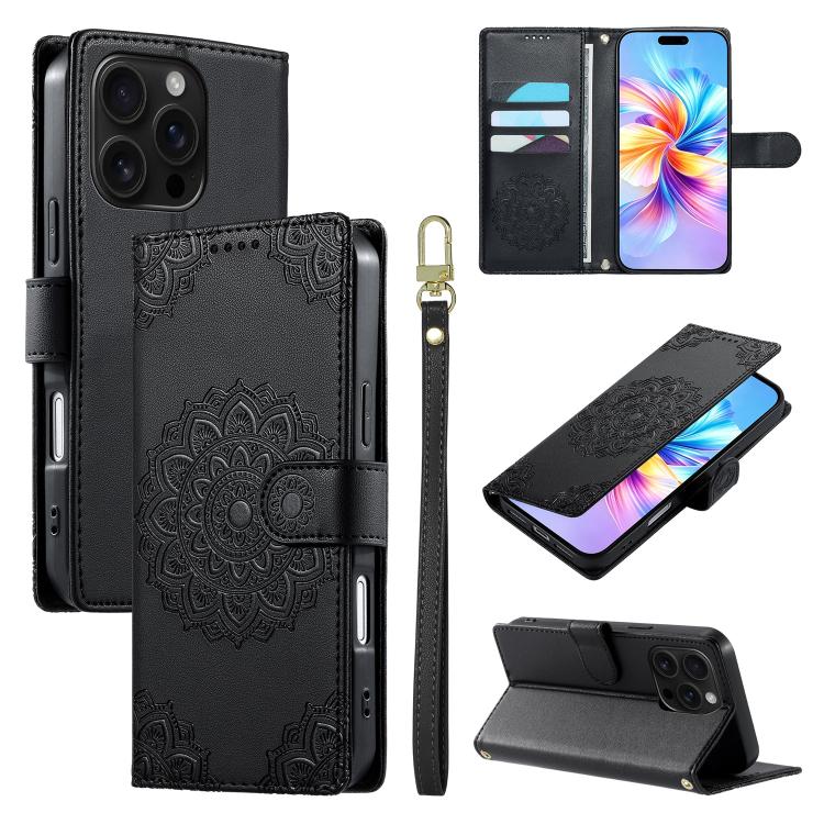 Custodia per telefono in ecopelle con cinturino e chiusura magnetica a totem in rilievo., For iPhone 16 Pro, For iPhone 16 Plus, For iPhone 16