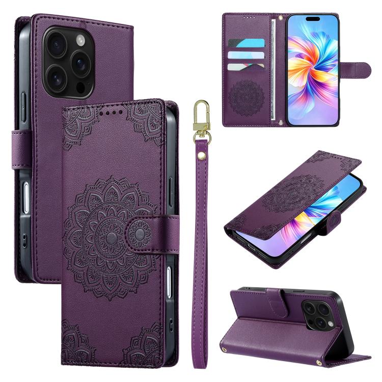 Custodia per telefono in ecopelle con cinturino e chiusura magnetica a totem in rilievo., For iPhone 16 Pro, For iPhone 16 Plus, For iPhone 16