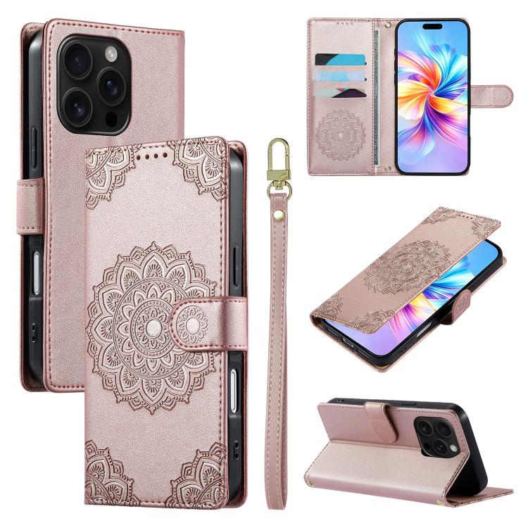 Custodia per telefono in ecopelle con cinturino e chiusura magnetica a totem in rilievo., For iPhone 16 Pro, For iPhone 16 Plus, For iPhone 16