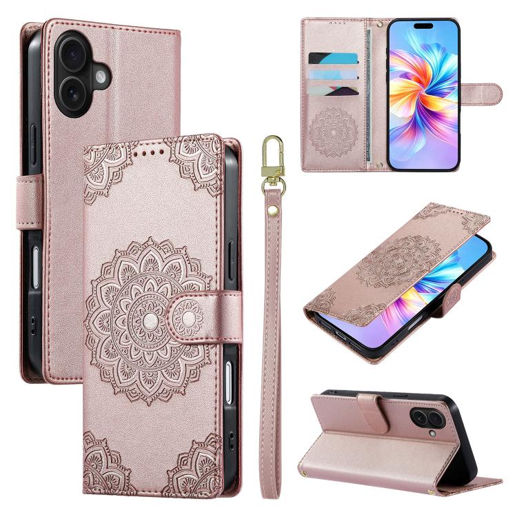 Custodia per telefono in ecopelle con cinturino e chiusura magnetica a totem in rilievo., For iPhone 16 Pro, For iPhone 16 Plus, For iPhone 16
