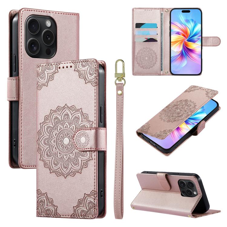 Custodia per telefono in ecopelle con cinturino e chiusura magnetica a totem in rilievo., For iPhone 15 Pro Max, For iPhone 15 Pro, For iPhone 15 Plus