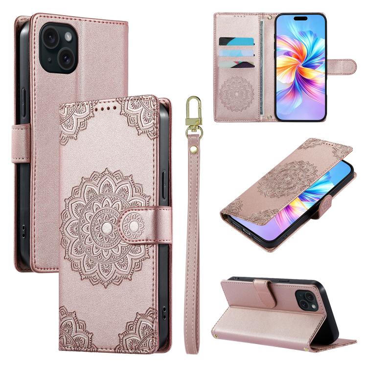 Custodia per telefono in ecopelle con cinturino e chiusura magnetica a totem in rilievo., For iPhone 15 Pro Max, For iPhone 15 Pro, For iPhone 15 Plus
