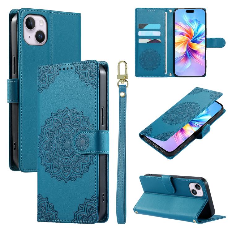 Custodia per telefono in ecopelle con cinturino e chiusura magnetica a totem in rilievo., For iPhone 15, For iPhone 14 Plus, For iPhone 14 / 13