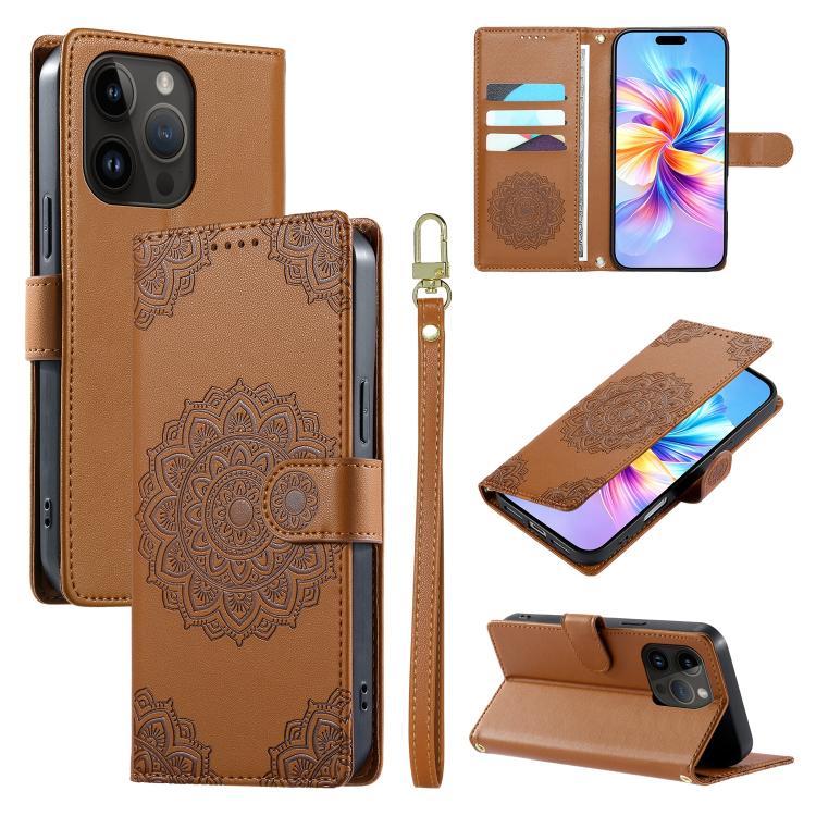 Custodia per telefono in ecopelle con cinturino e chiusura magnetica a totem in rilievo., For iPhone 14 Pro, For iPhone 14 Pro Max, For iPhone SE 2022 / SE 2020 / 8 / 7