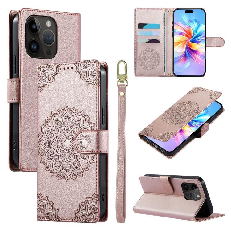 Custodia per telefono in ecopelle con cinturino e chiusura magnetica a totem in rilievo., For iPhone 14 Pro, For iPhone 14 Pro Max, For iPhone SE 2022 / SE 2020 / 8 / 7
