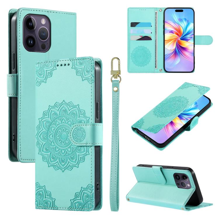 Custodia per telefono in ecopelle con cinturino e chiusura magnetica a totem in rilievo., For iPhone 14 Pro, For iPhone 14 Pro Max, For iPhone SE 2022 / SE 2020 / 8 / 7