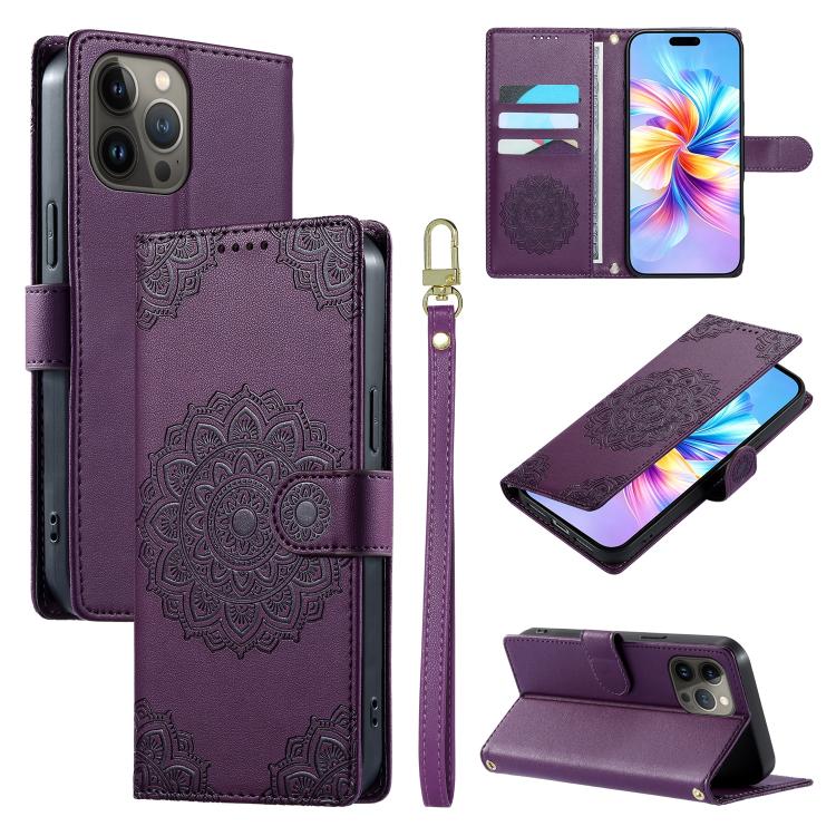 Custodia per telefono in ecopelle con cinturino e chiusura magnetica a totem in rilievo., For iPhone 13 Pro Max, For iPhone 13 Pro, For iPhone 13 mini