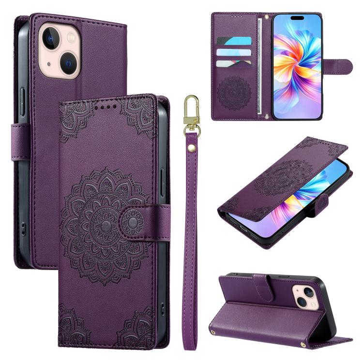 Custodia per telefono in ecopelle con cinturino e chiusura magnetica a totem in rilievo., For iPhone 13 Pro Max, For iPhone 13 Pro, For iPhone 13 mini