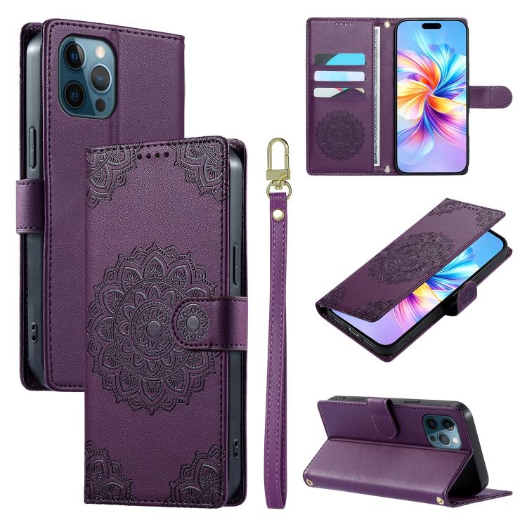 Custodia per telefono in ecopelle con cinturino e chiusura magnetica a totem in rilievo., For iPhone 12 / 12 Pro, For iPhone 12 Pro Max, For iPhone 12 mini