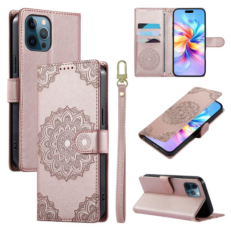 Custodia per telefono in ecopelle con cinturino e chiusura magnetica a totem in rilievo., For iPhone 12 / 12 Pro, For iPhone 12 Pro Max, For iPhone 12 mini