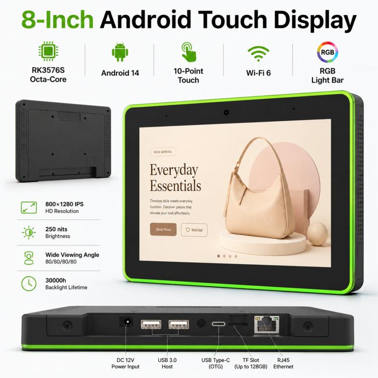 Schermo touch screen HD 8 pollici Android 14 con LED e RK3576S