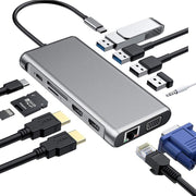 12 in 1 HDMI x2 + USB3.0 + USB2.0 + ricarica PD + VGA + RJ45 + jack da 3,5 mm + TF/SD x2 docking station HUB tipo C / USB-C