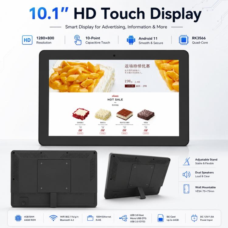 WF1036T Schermo touch screen HD da 10,1 pollici per segnaletica digitale, 2 GB + 16 GB, Android 11, processore RK3566 Quad Core, EU Plug, US Plug, UK Plug