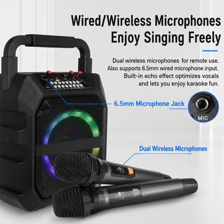 Altoparlante Bluetooth wireless portatile per esterni K6S con microfono alimentato da 2 batterie AA., with 2pcs Microphone