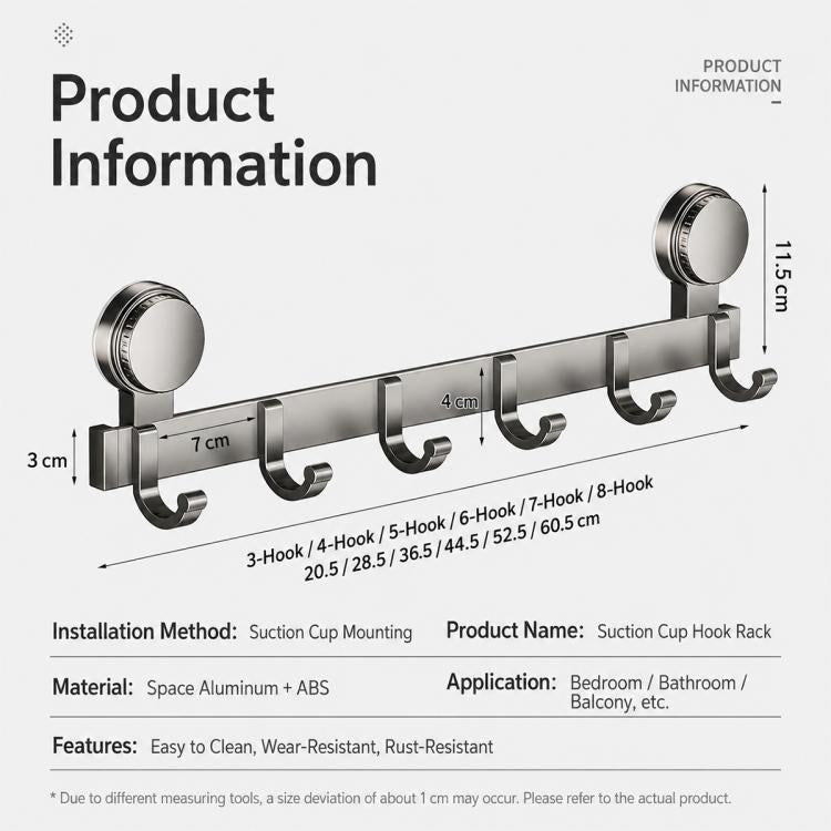 Porta senza foratura con ventose e ganci, scaffale portaoggetti, Upgraded Single Row 3-hook, Upgraded Single Row 4-hook, Upgraded Single Row 5-hook, Upgraded Single Row 6-hook, Upgraded Single Row 7-hook, Upgraded Single Row 8-hook                     ...