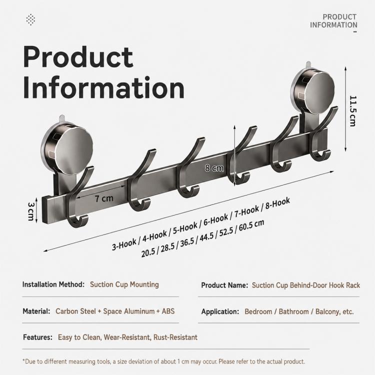 Porta senza foratura con ventose e ganci, scaffale portaoggetti, Upgraded Single Row 3-hook, Upgraded Single Row 4-hook, Upgraded Single Row 5-hook, Upgraded Single Row 6-hook, Upgraded Single Row 7-hook, Upgraded Single Row 8-hook                     ...