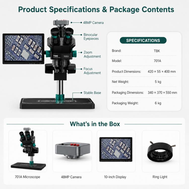 Microscopio digitale TBK-701A da 48 MP con zoom continuo 7X-60X., TBK-701A
