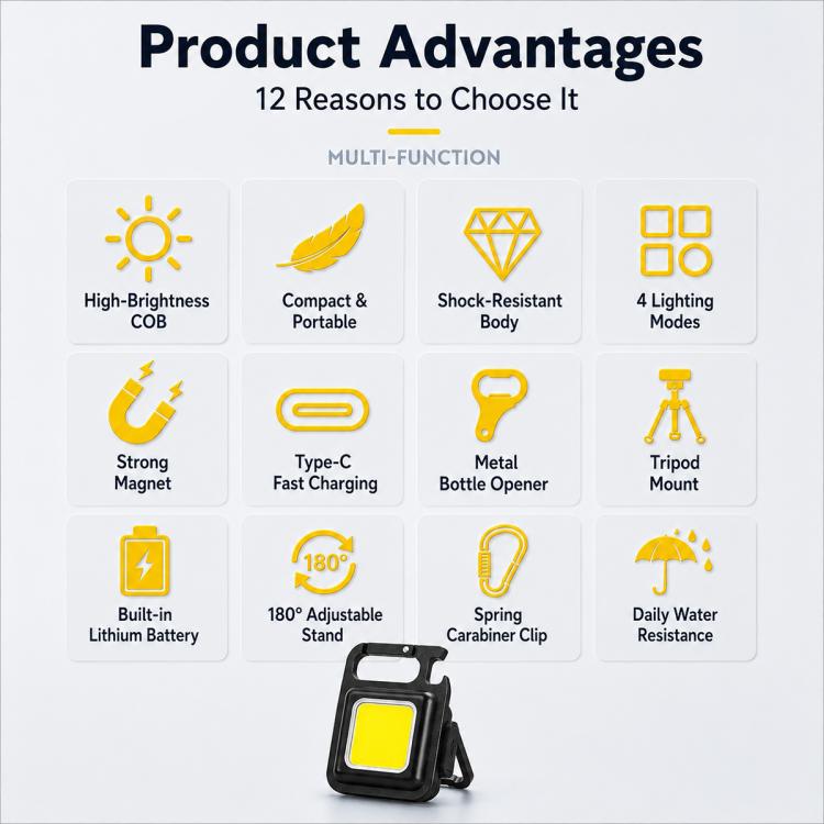 Mini torcia a LED COB portatile da portachiavi per campeggio., 150mAh, 200mAh, 300mAh, 500mAh, 800mAh