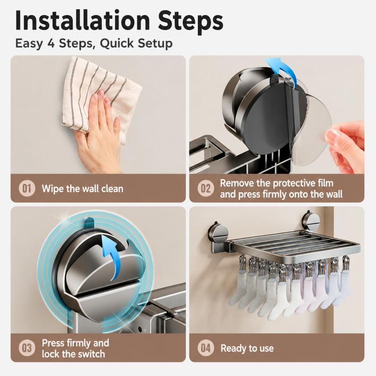 Stendibiancheria pieghevole da balcone con ventosa multi-clip, senza foratura, 18 Clips, 24 Clips, 30 Clips