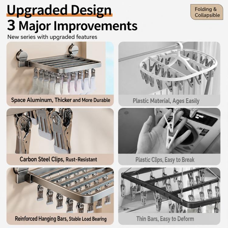 Stendibiancheria pieghevole da balcone con ventosa multi-clip, senza foratura, 18 Clips, 24 Clips, 30 Clips