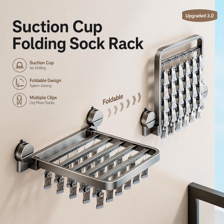 Stendibiancheria pieghevole da balcone con ventosa multi-clip, senza foratura, 18 Clips, 24 Clips, 30 Clips