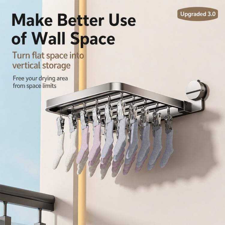 Stendibiancheria pieghevole da balcone con ventosa multi-clip, senza foratura, 18 Clips, 24 Clips, 30 Clips