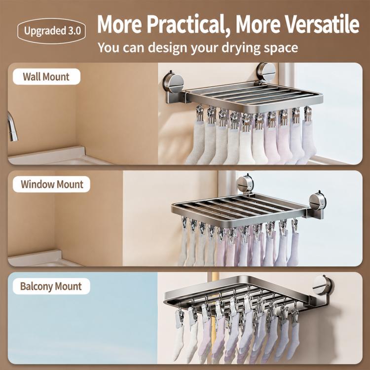 Stendibiancheria pieghevole da balcone con ventosa multi-clip, senza foratura, 18 Clips, 24 Clips, 30 Clips